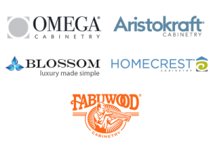 Cabinet Brands we carry and display in our showroom: Omega Dynasty, Homecrest, Aristokraft, Fabuwood and Blossom Vanities
